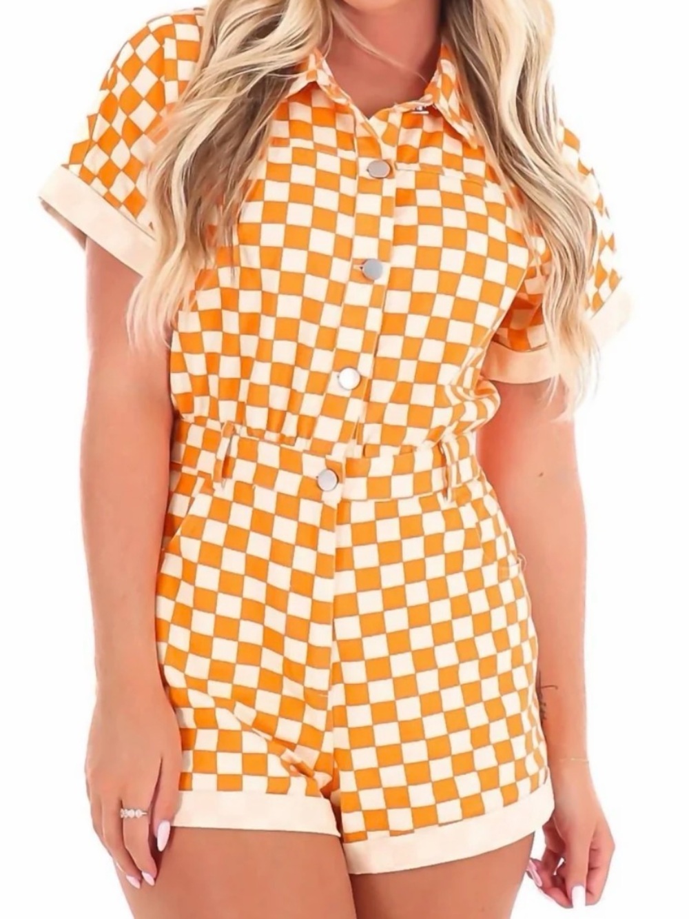 Women's Orange Checkered Short Sleeve Romper
